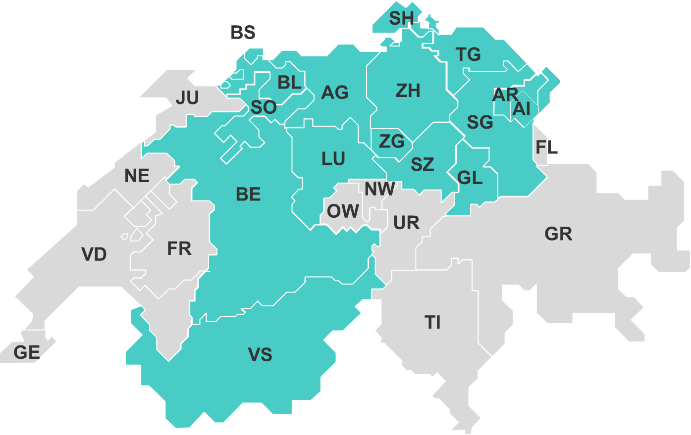 Karte der Schweiz, beteiligte Kantone in grün