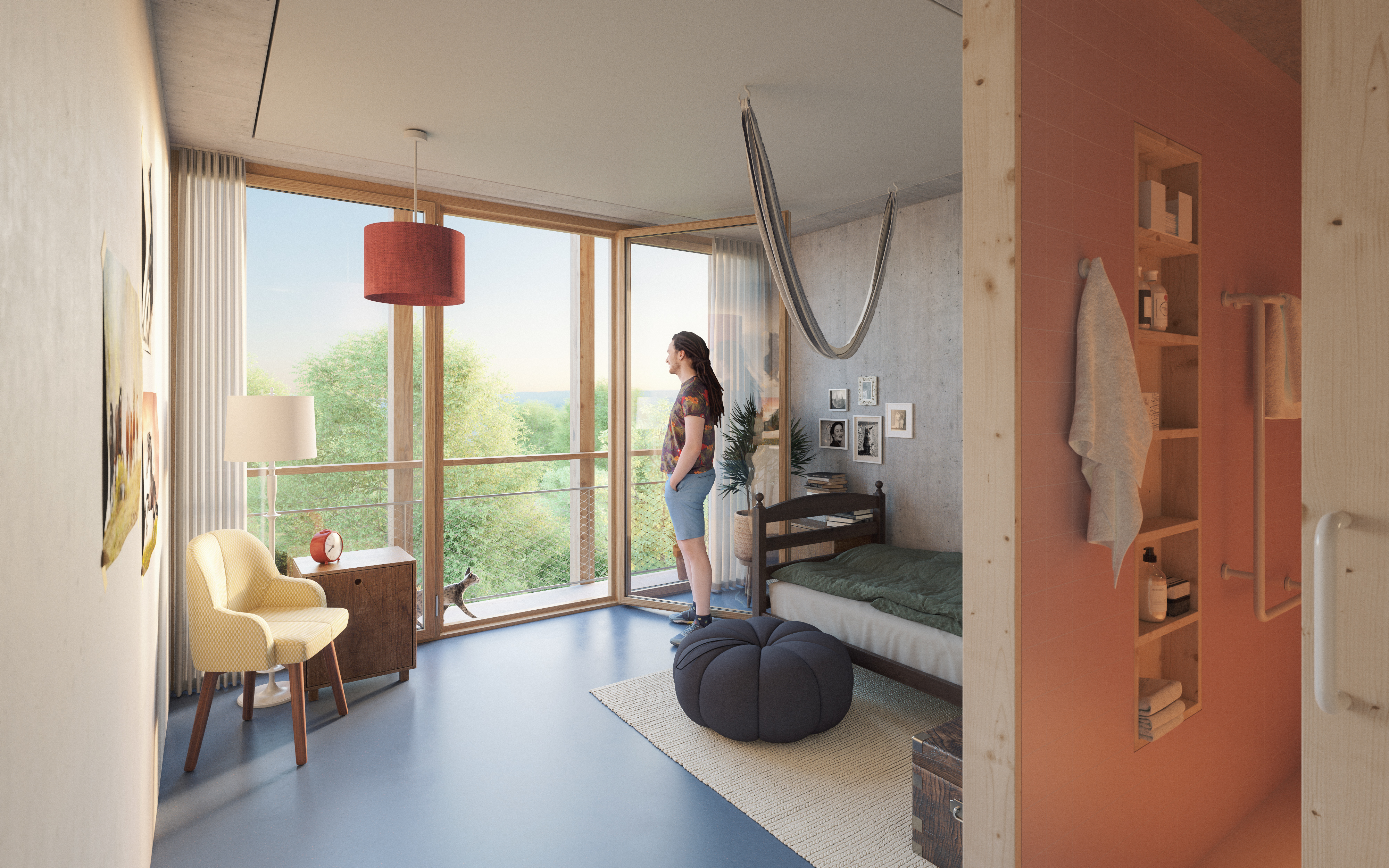 Einzelzimmer mit eigener Nasszelle im neuen Wohnhaus
